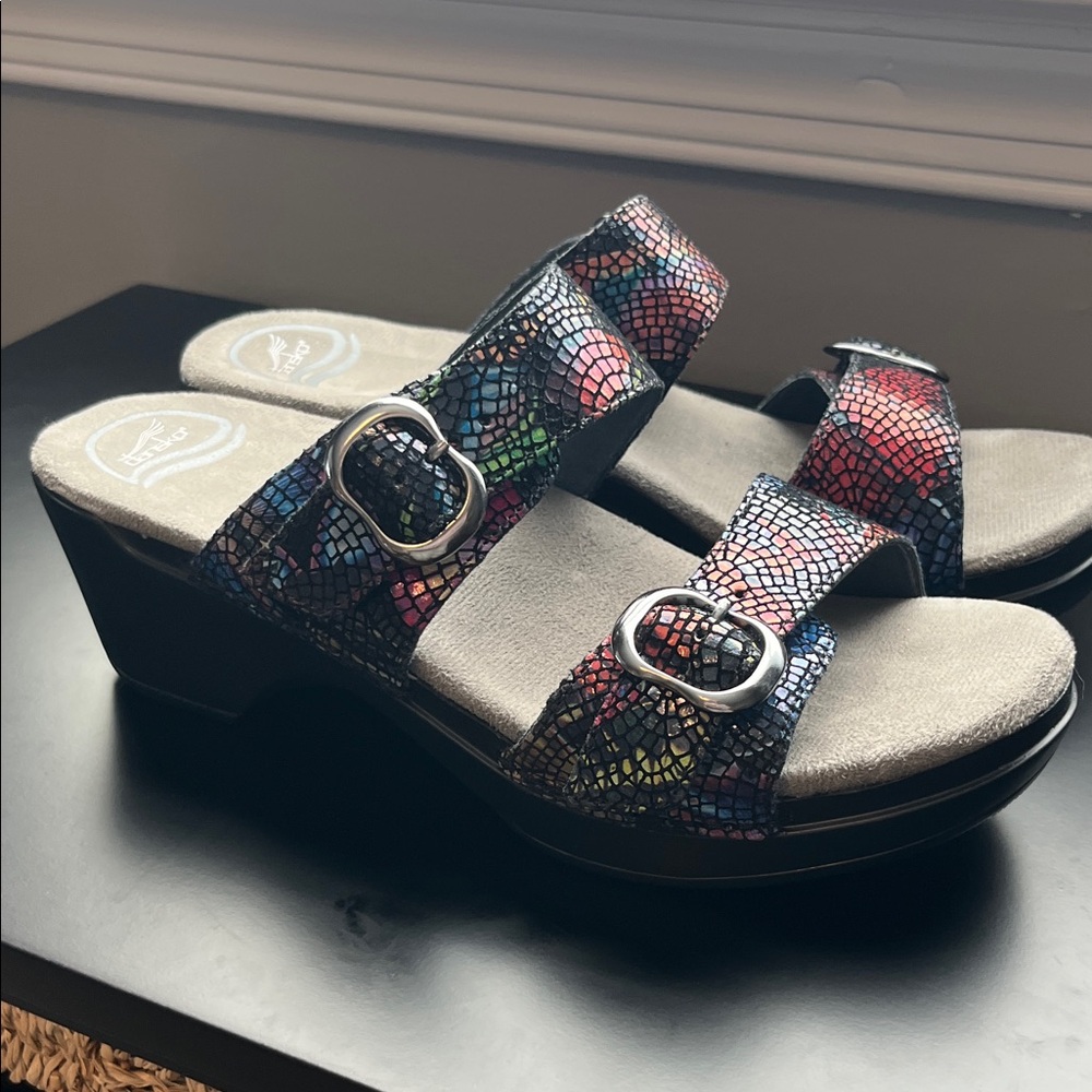 Dansko Women's Multicolor Mosaic Buckle Slides in Red, Blue & Green